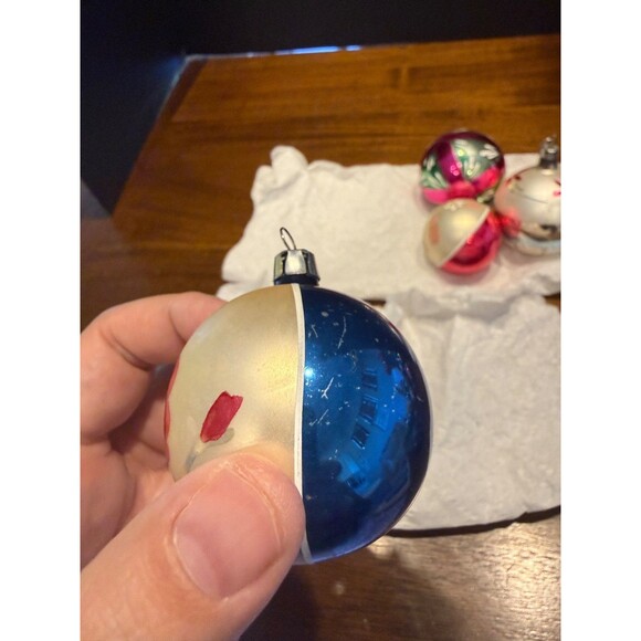 9 Vtg Mid Century Christmas Ornaments Hand Painted Mica Stripes Teardrop Ball Lo - Picture 13 of 16
